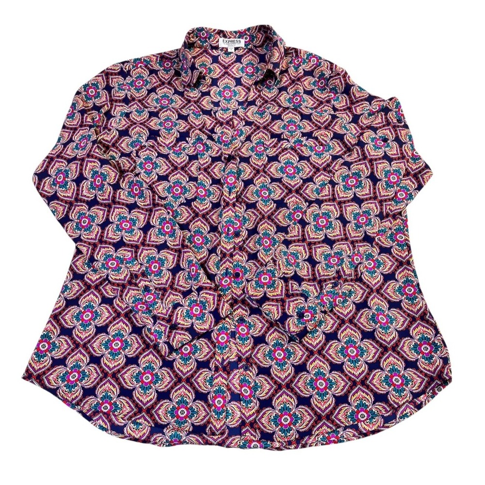 Express Portfolio Floral Medallion Navy Multi Button Up Blouse sz L Office Artsy